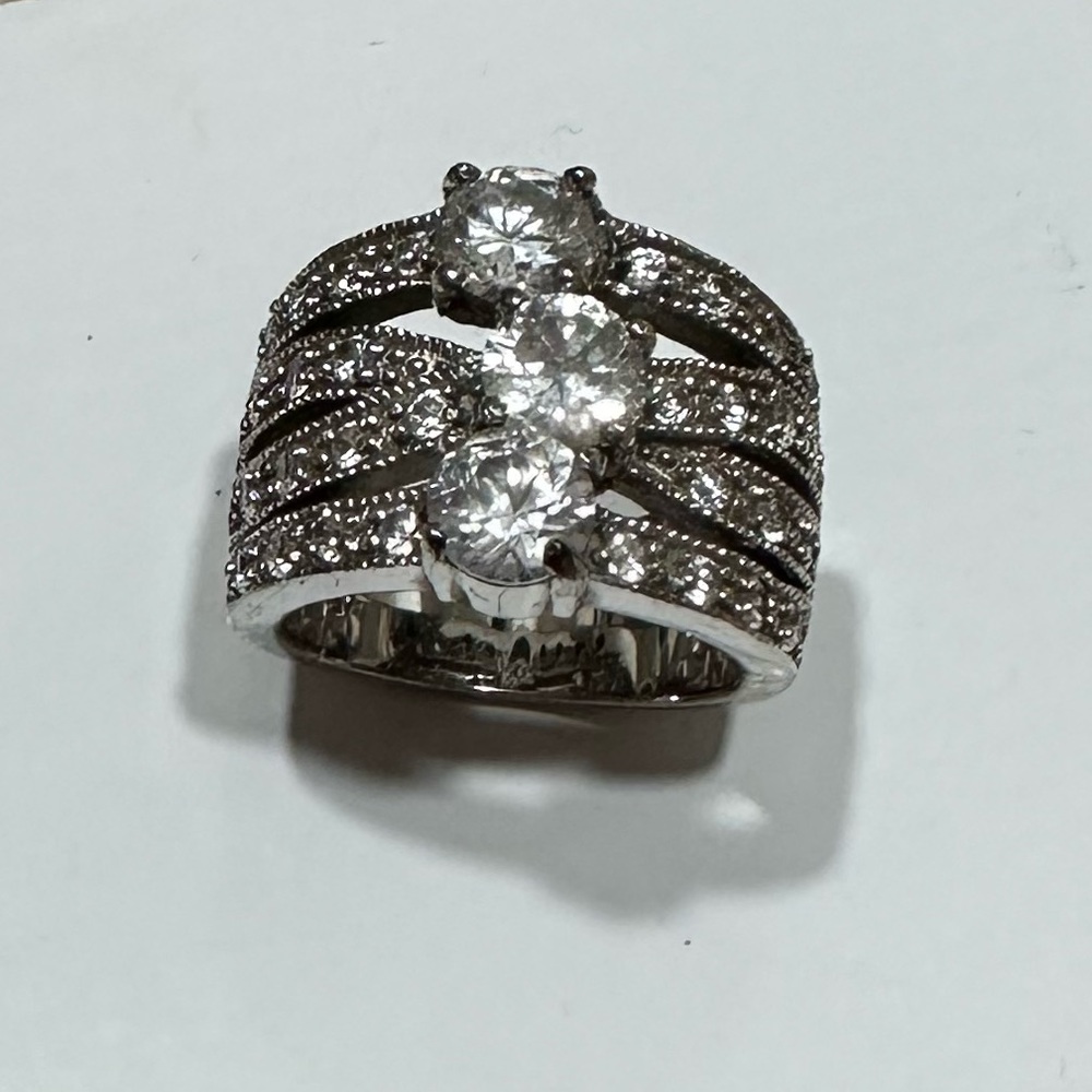 Sterling Silver 925 Triple Solitaire Pave Ring